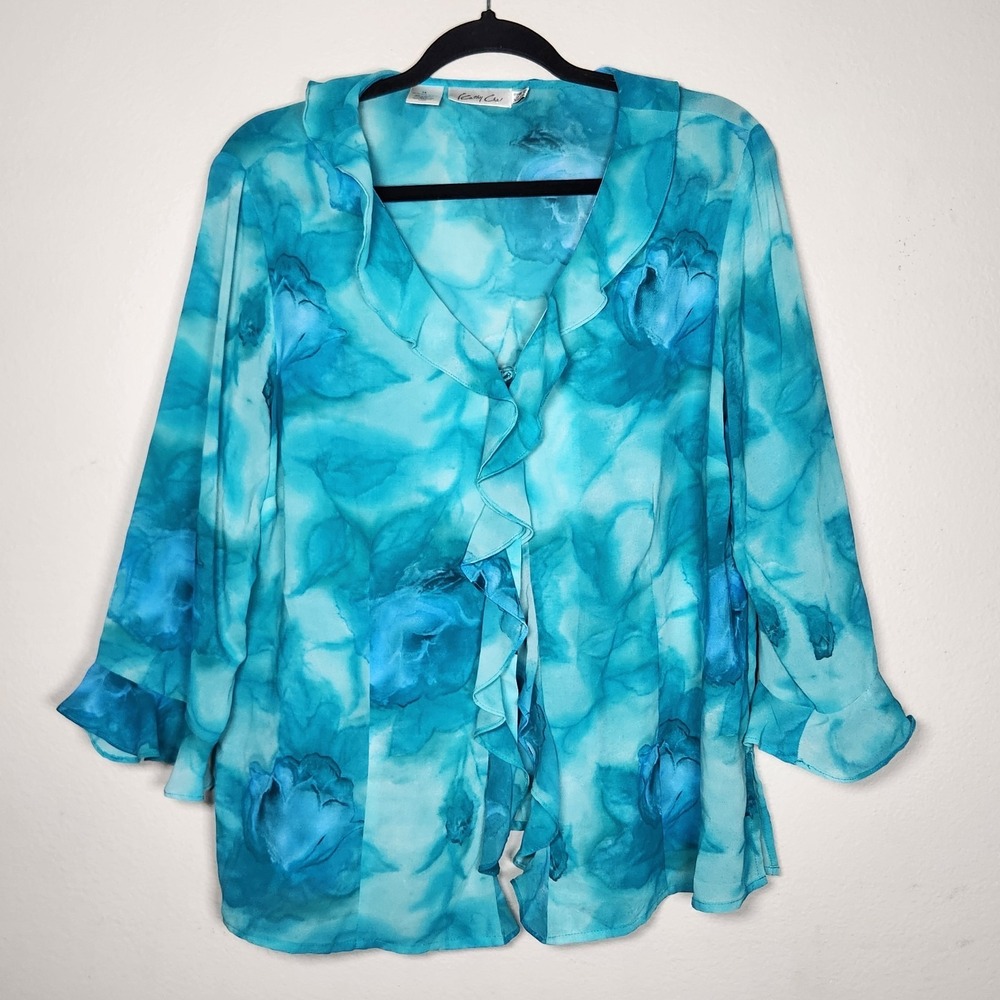 Vintage Y2K‎ Cathy Che Womens 14 Sheer Aqua Floral Ruffle Fairycore Ethereal Top